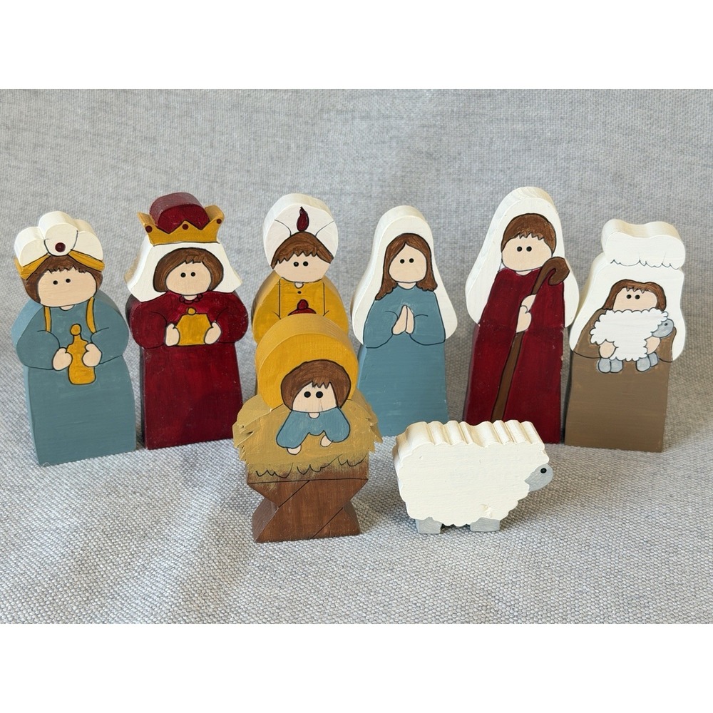 Vintage Handcrafted/Handpainted Wooden 8 Pc.Nativity Set 1990's